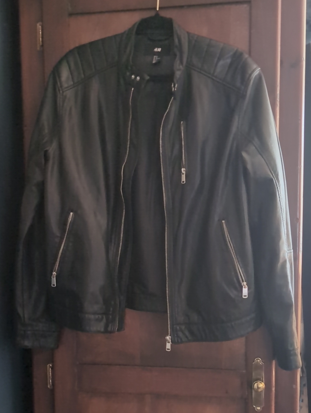 H&M Black Faux Leather Quilted-Shoulder Bomber Jacket
